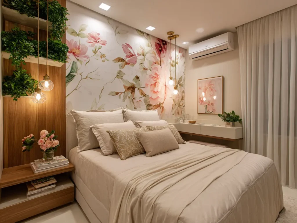 Quarto decorado para a primavera com parede floral rosa, iluminação suave, plantas naturais, arranjos de flores, criando um ambiente alegre e acolhedor.