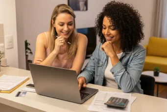 Casal de duas mulheres felizes discutindo dicas para juntar dinheiro, usando um laptop em casa, com materiais de planejamento financeiro e uma atmosfera de cooperação.