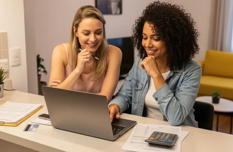 Casal de duas mulheres felizes discutindo dicas para juntar dinheiro, usando um laptop em casa, com materiais de planejamento financeiro e uma atmosfera de cooperação.
