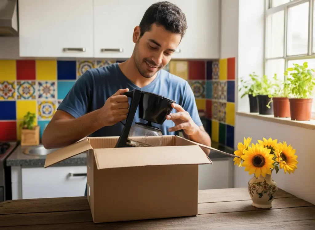 Um homem colocando uma cafeteira que não usa mais para doação em uma caixa. Guardar coisas sem usar é um dos hábitos de escassez que deve ser evitado.