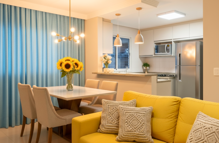 Sala de estar moderna com efeitos de iluminação que destacam a decoração, incluindo uma luminária decorativa, iluminação pendente e luz natural, criando um ambiente acolhedor e bem iluminado.