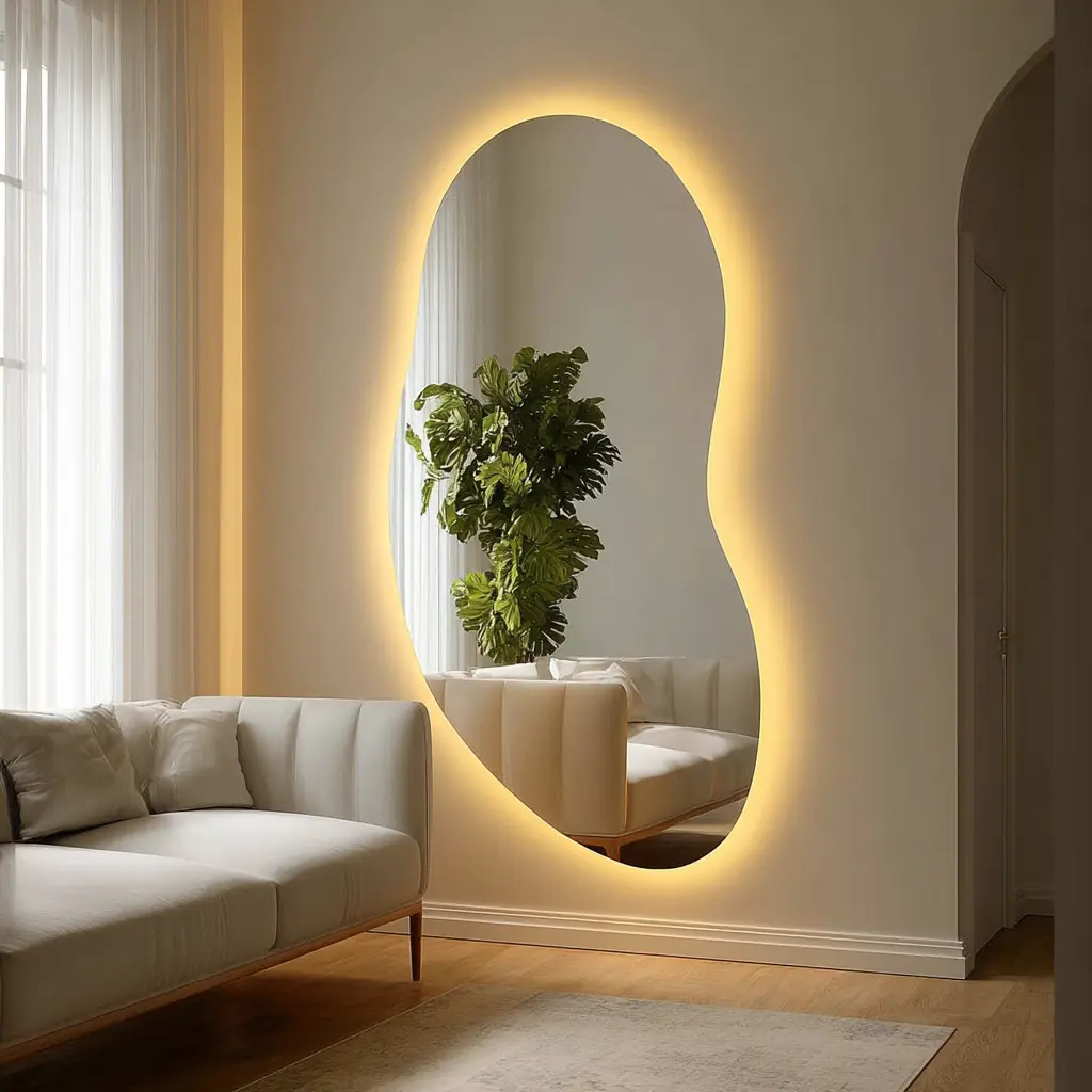 Espelho orgânico com iluminação de LED ao redor, refletindo uma sala de estar com sofá branco e planta verde