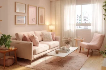 Sala de estar iluminada com estilo romântico, sofá branco com almofadas rosa e decorativa, mesa de centro, poltrona rosa, cortinas de tecido leve
