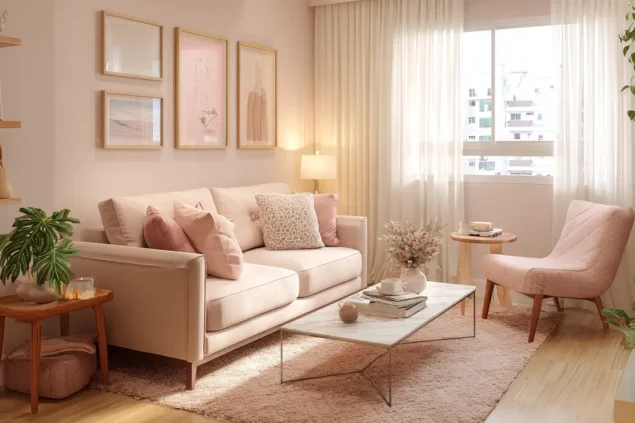 Sala de estar iluminada com estilo romântico, sofá branco com almofadas rosa e decorativa, mesa de centro, poltrona rosa, cortinas de tecido leve
