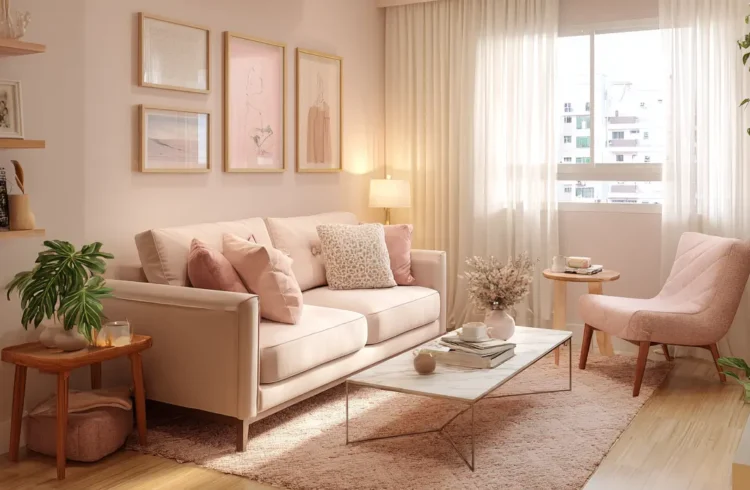 Sala de estar iluminada com estilo romântico, sofá branco com almofadas rosa e decorativa, mesa de centro, poltrona rosa, cortinas de tecido leve