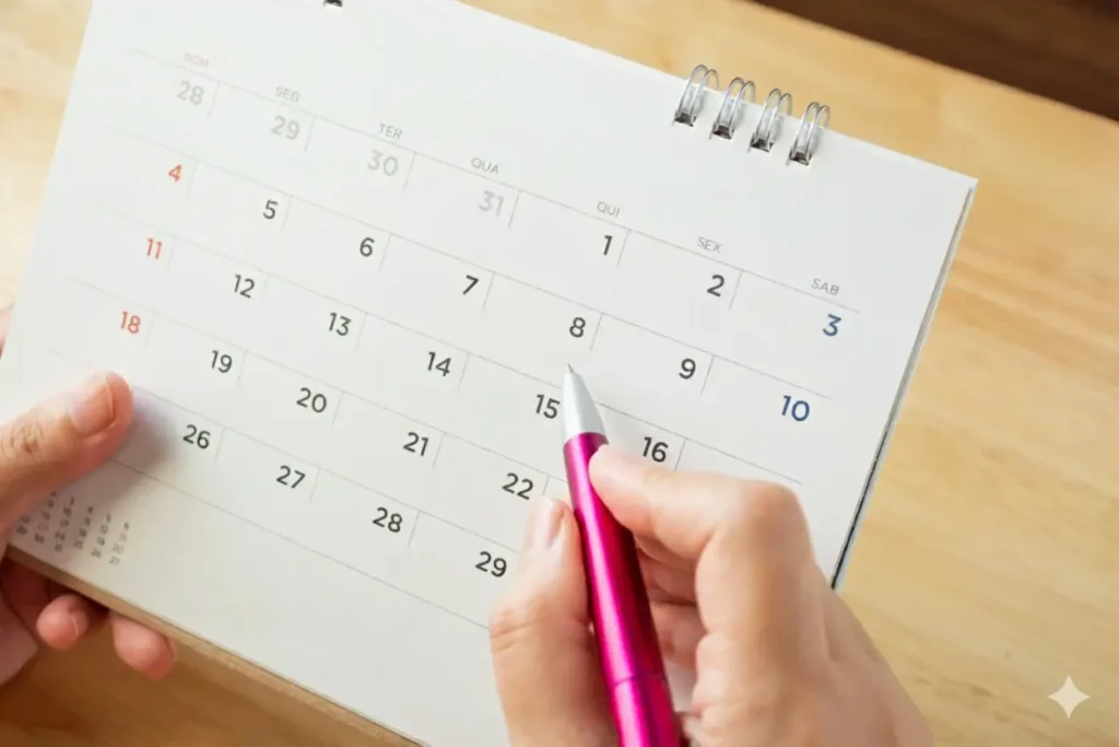 Planejamento de agenda em calendário mensal com mãos segurando caneta rosa, realizando marcação de datas.