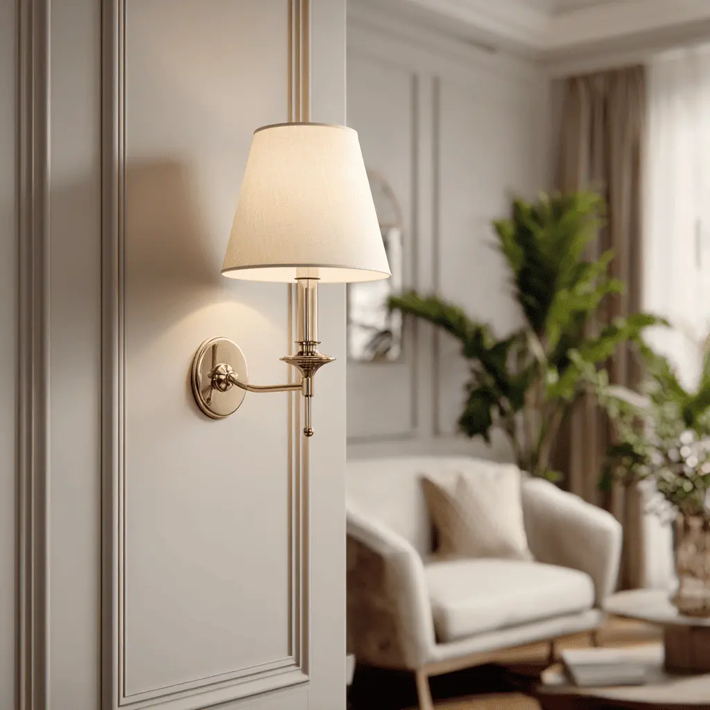 Decoração de sala com lampada de parede dourada e sofá branco, ambiente elegante com plantas e iluminação natural