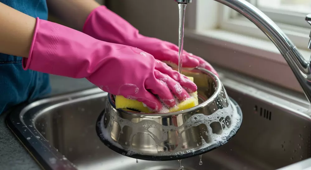 Pessoa higienizando potes de alimentação de cachorro com esponja e água, garantindo limpeza e saúde para o pet.
