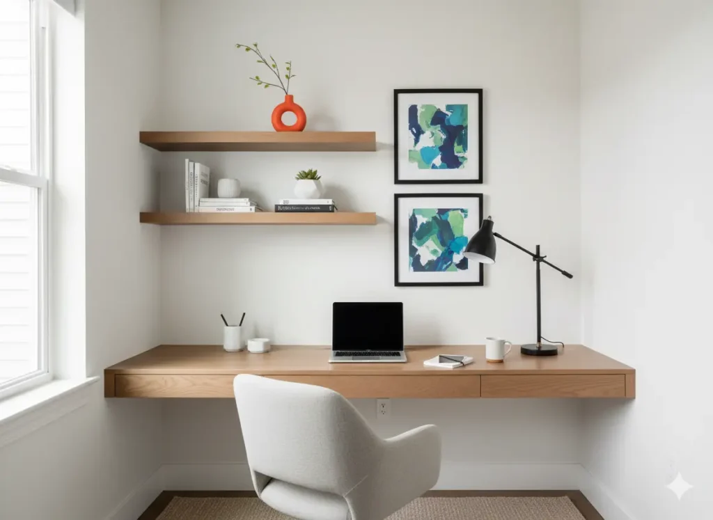 Escritório minimalista com mesa de madeira, cadeira confortável, prateleiras com livros