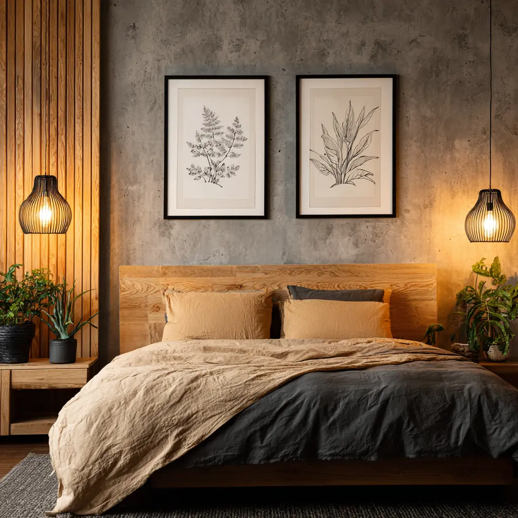 Quarto moderno com parede de concreto, decoração minimalista, quadros de plantas emoldurados, iluminação aconchegante de pendentes