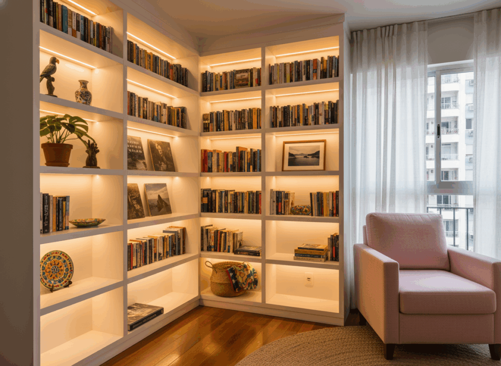 Estante de livros com luz embutida, criando um ambiente aconchegante na sala ao lado de uma janela com cortinas brancas.