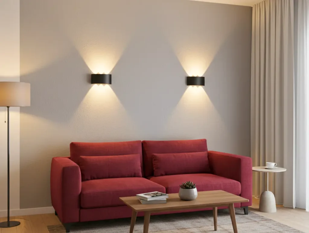 Sala de estar moderna com sofá vermelho, mesa de centro de madeira, iluminação aconchegante na parede, cortinas claras e decoração minimalista.