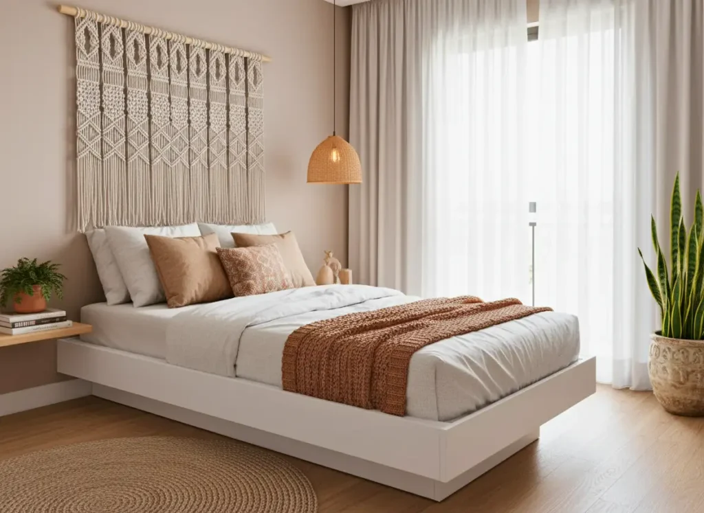 Quarto modernamente decorado com cama de casal, almofadas bege e branca, parede com tapeçaria de macramê, iluminação natural de janelas com cortinas brancas e plantas decorativas.