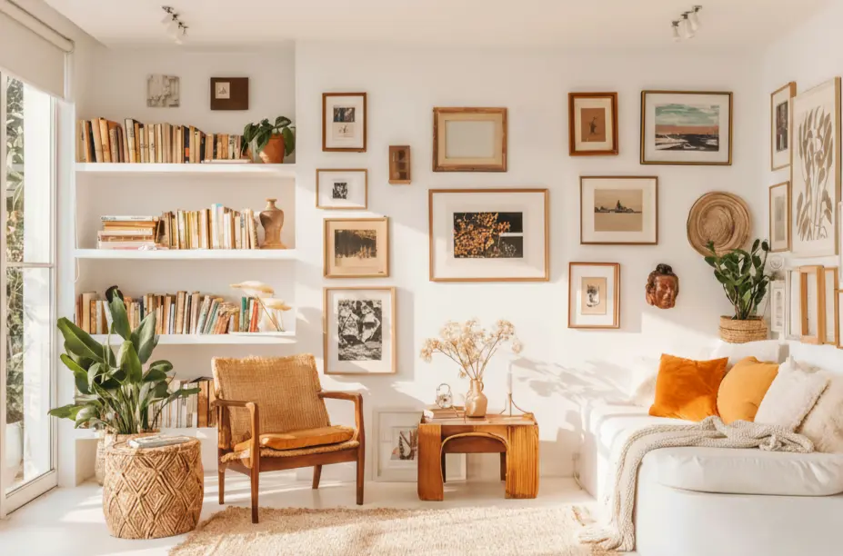 Decoração de sala com estilo cluttercore, evidenciando um ambiente com várias obras de arte, móveis rústicos, plantas e uma composição de elementos desconectados que criam um visual aconchegante e despojado.