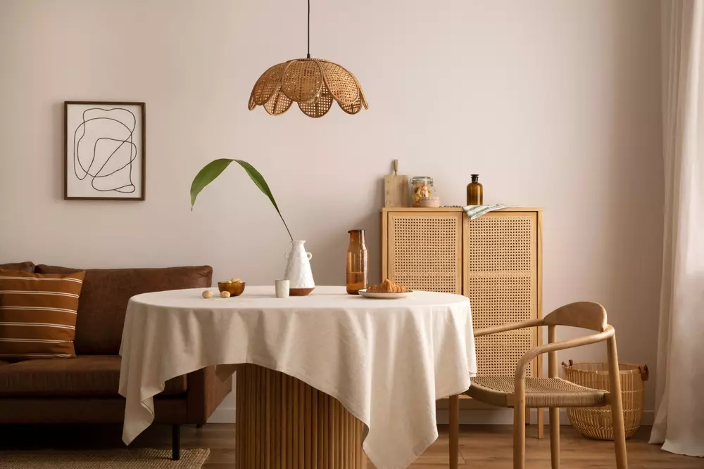 Uma decoração de sala com uma mesa redonda coberta por uma toalha branca, cercada por móveis de madeira e elementos de decoração com palhinha indiana em sua composição, incluindo uma luminária.