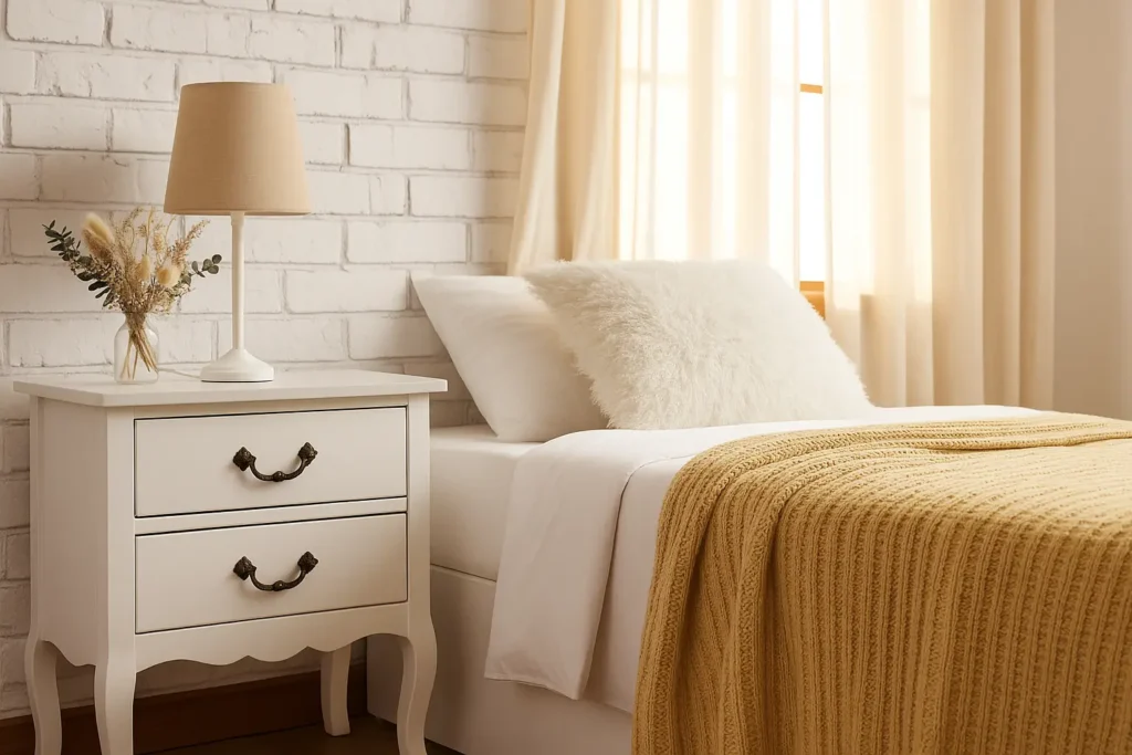 Puxadores coloniais em uma cômoda branca ao lado de uma cama com roupa de cama bege, em quarto decorado com cortinas claras e paredes de tijolos brancos.