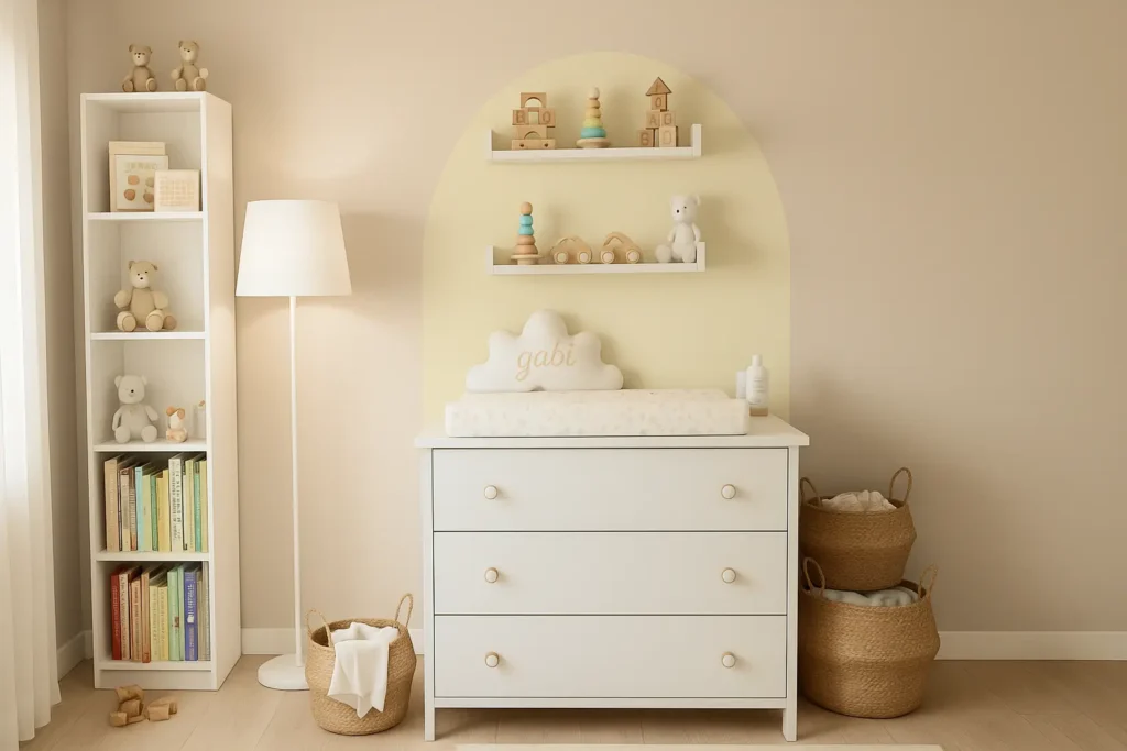 Um quarto de bebê com puxadores brancos em uma cômoda, destaque para puxadores de porta de armário decorativos na decoração aconchegante e moderna.