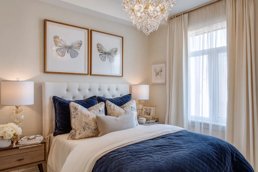 Quarto de decoração elegante com cabeceira branca, almofadas azuis e quadros de borboletas na parede, iluminação suave de luminárias e janela com cortinas