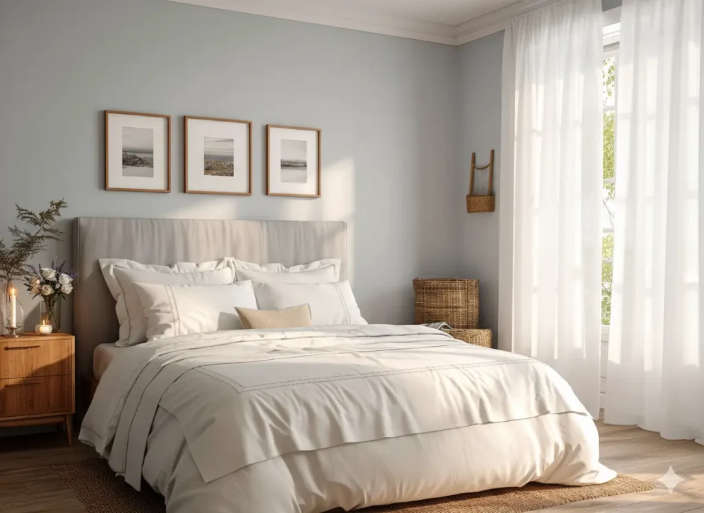 Quarto romântico decorado com estilo suave, com cama confortável, quadros artísticos na parede, almofada de seda, cortinas leves e decoração aconchegante.