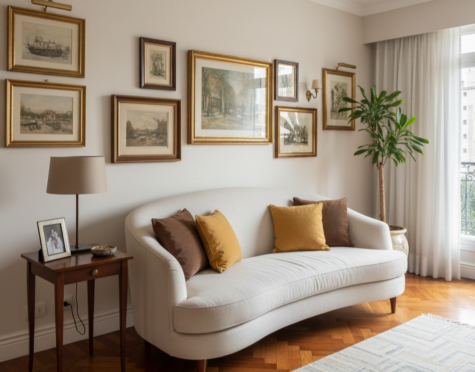 Sala de estar com sofá branco, almofadas amarelas e marrons, quadros decorativos na parede, planta próxima à janela e cortinas brancas, ambiente aconchegante e bem iluminado.