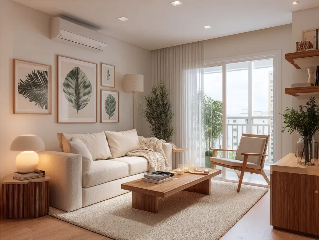 Sala de estar decorada com estilo romântico, móveis de madeira clara, paredes com quadros de folhas e iluminação suave