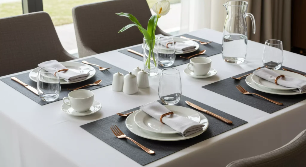 Mesa de jantar elegante preparada para uma refeição sofisticada, com louças brancas, talheres dourados, copos e um vaso com flores no centro.