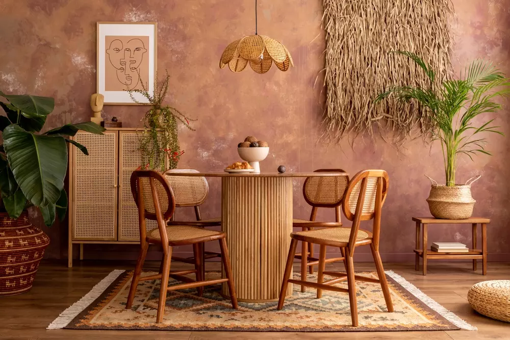 Sala de estar e jantar com móveis de madeira, decoração rústica, plantas verdes e iluminação aconchegante, criando um ambiente confortável e elegante.