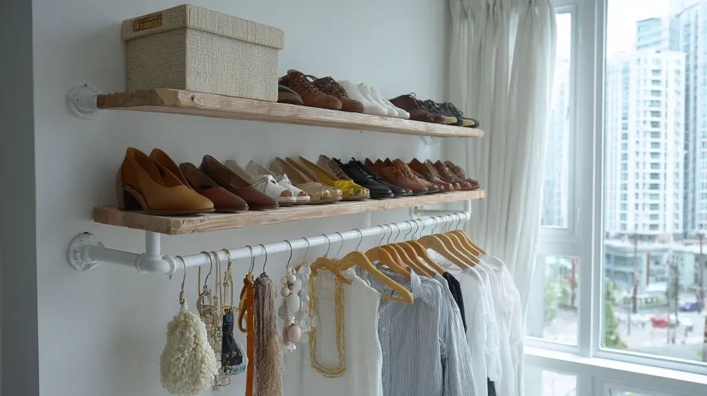 Armário de calçados e roupas femininas na decoração moderna de um apartamento, com sapatos variados na parede e roupas penduradas na varanda com vista para a cidade.