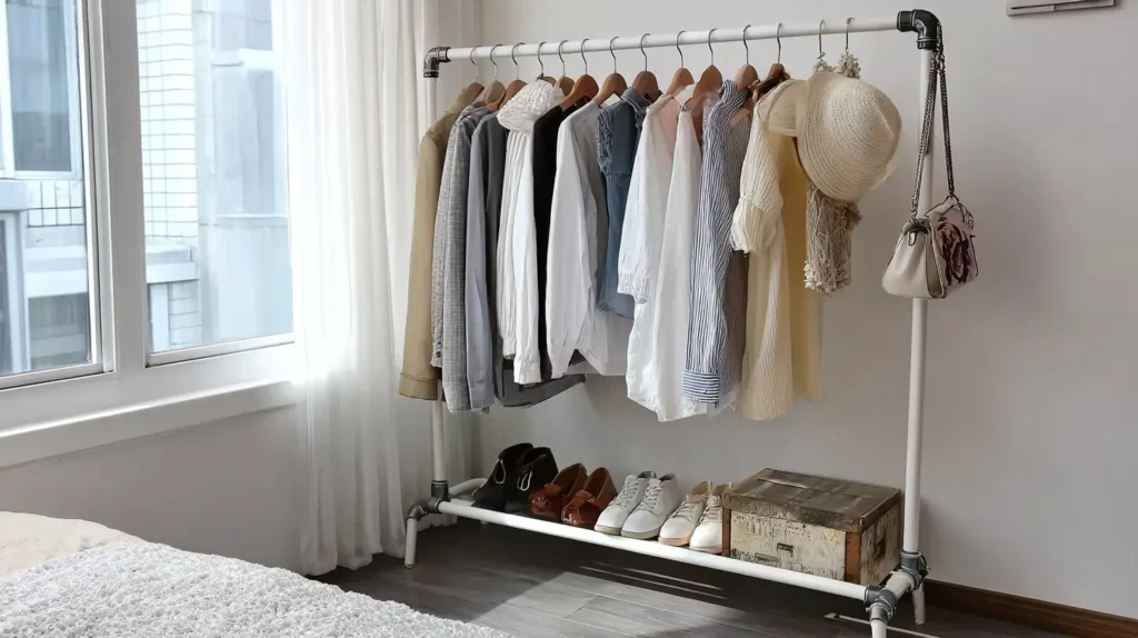 Estante de roupas com camisetas, camisas, calçados e acessórios em um quarto bem iluminado, ideal para organização do guarda-roupa.