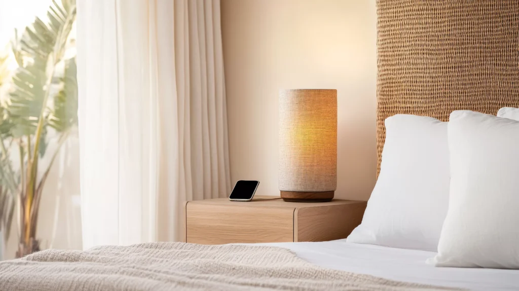 Cama com roupas brancas, textura leve e detalhes românticos na decoração do quarto, com luminária de mesa e cortinas suaves criando ambiente acolhedor e delicado.