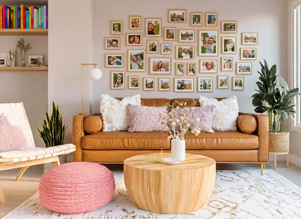 Decoração de sala com estilo cluttercore, texturas variadas e combinação de móveis aconchegantes, parede decorada com várias fotos em molduras diferentes.