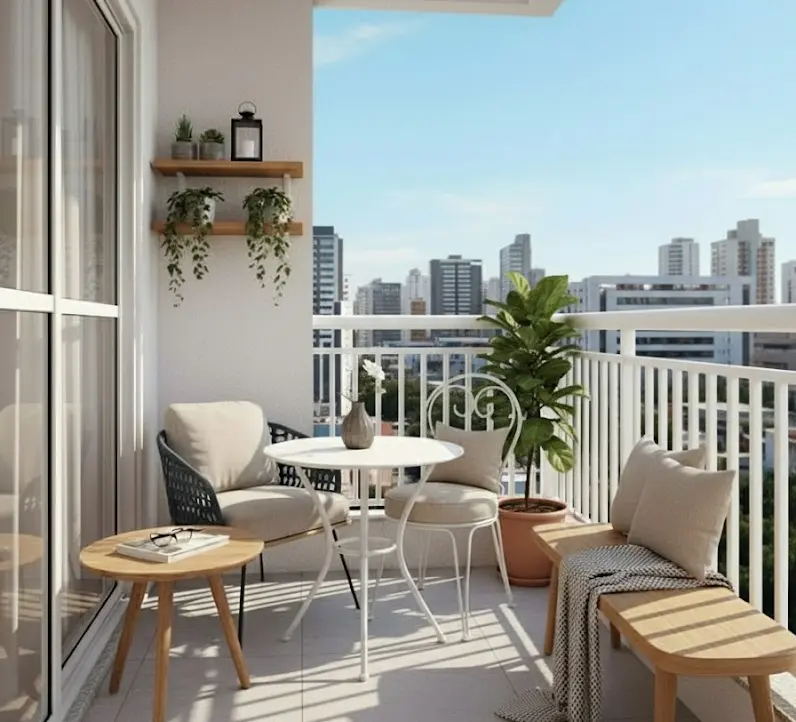 Varanda com estilo romântico decorada com móveis confortáveis, plantas verdes e vista para a cidade