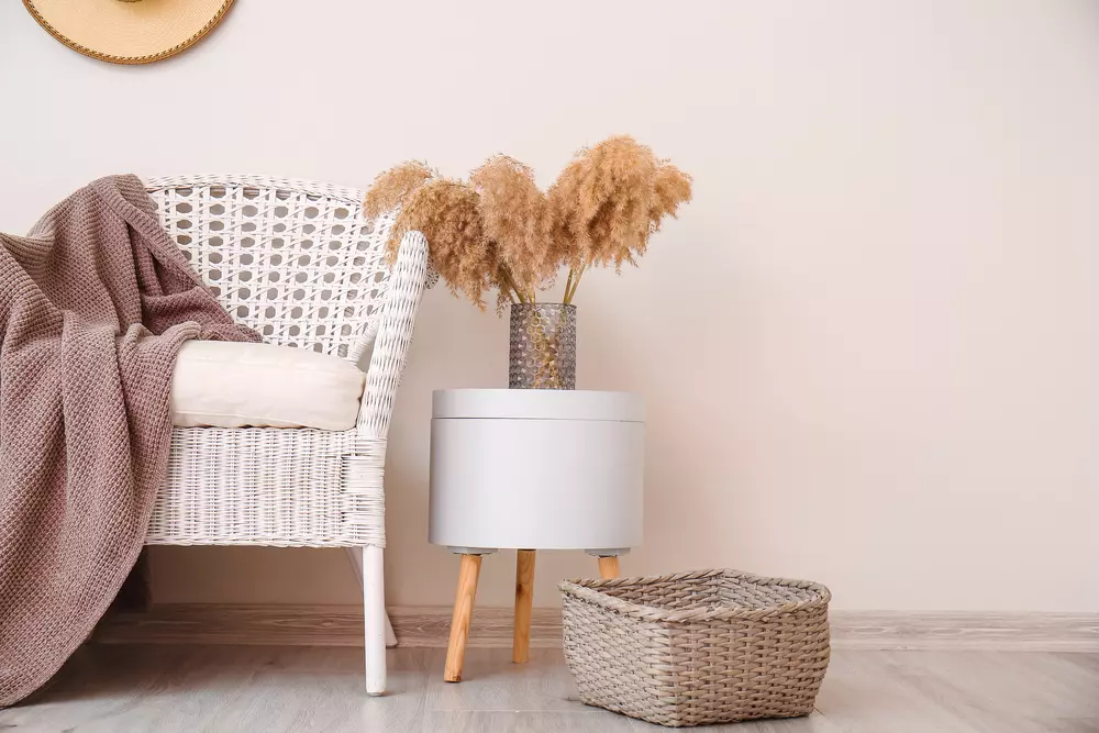 Decoração de ambiente com cadeira branca de fibra, vaso com flores de pampas e acessórios de decoração minimalista em um espaço aconchegante.
