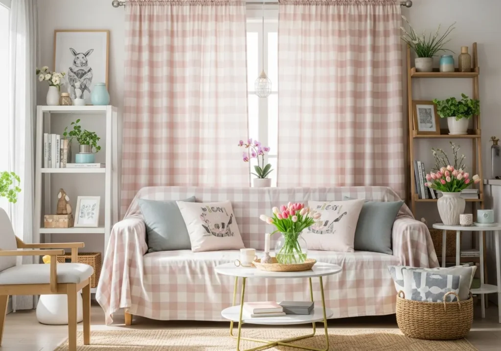 Decoração de sala com almofadas e acessórios temáticos de xadrez na decoração, incluindo pads com padrão xadrez em almofadas e cortinas. Ambiente aconchegante e bem decorado.