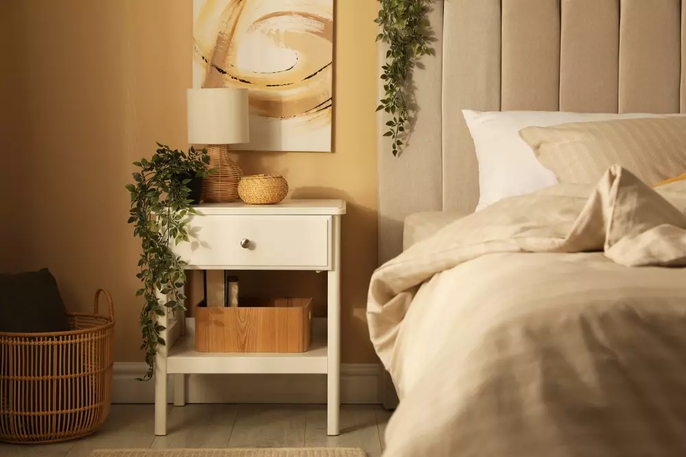 Um quarto com cores neutras e alguns acessórios de palha (como abajur, um pequeno cestinho e um cesto maior no chão com almofada)