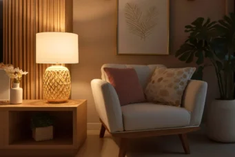 Decoração de sala de estar com abajur de vidro decorativo ao lado de sofá confortável, ideal para escolher o abajur perfeito para a sua decoração.