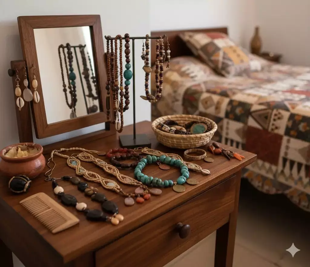 Cômoda com diversas bijuterias, colares, brincos e pulseiras, ao lado de um espelho de madeira