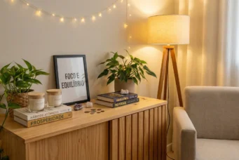 Decoração de sala aconchegante com plantas, livros, luminária de chão e iluminação suave, ideal para criar um ambiente tranquilo e acolhedor.
