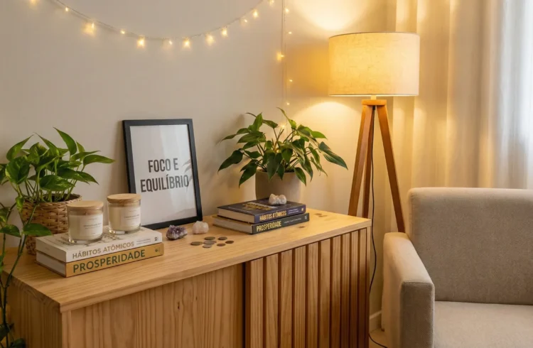 Decoração de sala aconchegante com plantas, livros, luminária de chão e iluminação suave, ideal para criar um ambiente tranquilo e acolhedor.