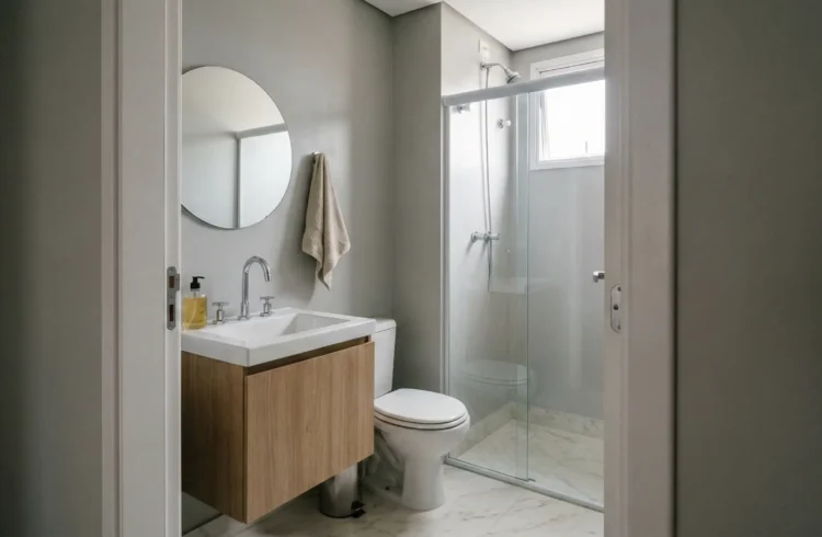 Banheiro moderno com pia de madeira, espelho redondo e ducha de vidro, ideal para um espaço residencial bem decorado.