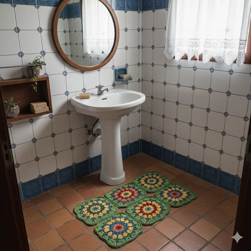 Imagem de um lavabo simples com pia de apoio, espelho redondo na parede, cortina de renda na janela, piso de cerâmica e tapete artesanal colorido.