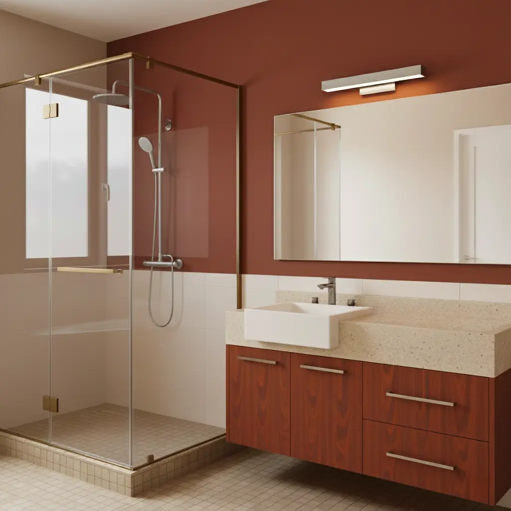Banheiro moderno com ducha glass, espelho e pia ampla de gabinete de madeira em mogno quente