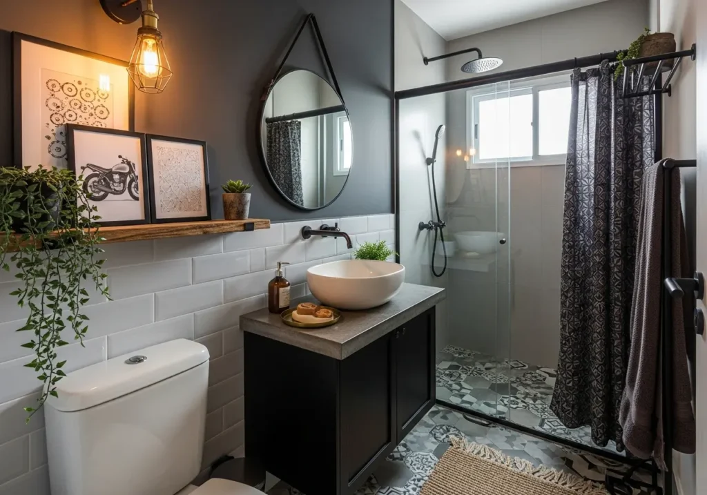 Banheiro moderno com decoração elegante inspirada no Moto Boho