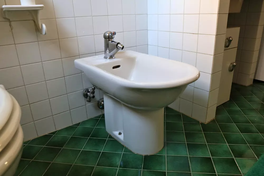 Bidê clássico em banheiro, apresentando uma estética simples e funcional, dentro do tema do meme à moda, com destaque para sua utilidade e design tradicional.