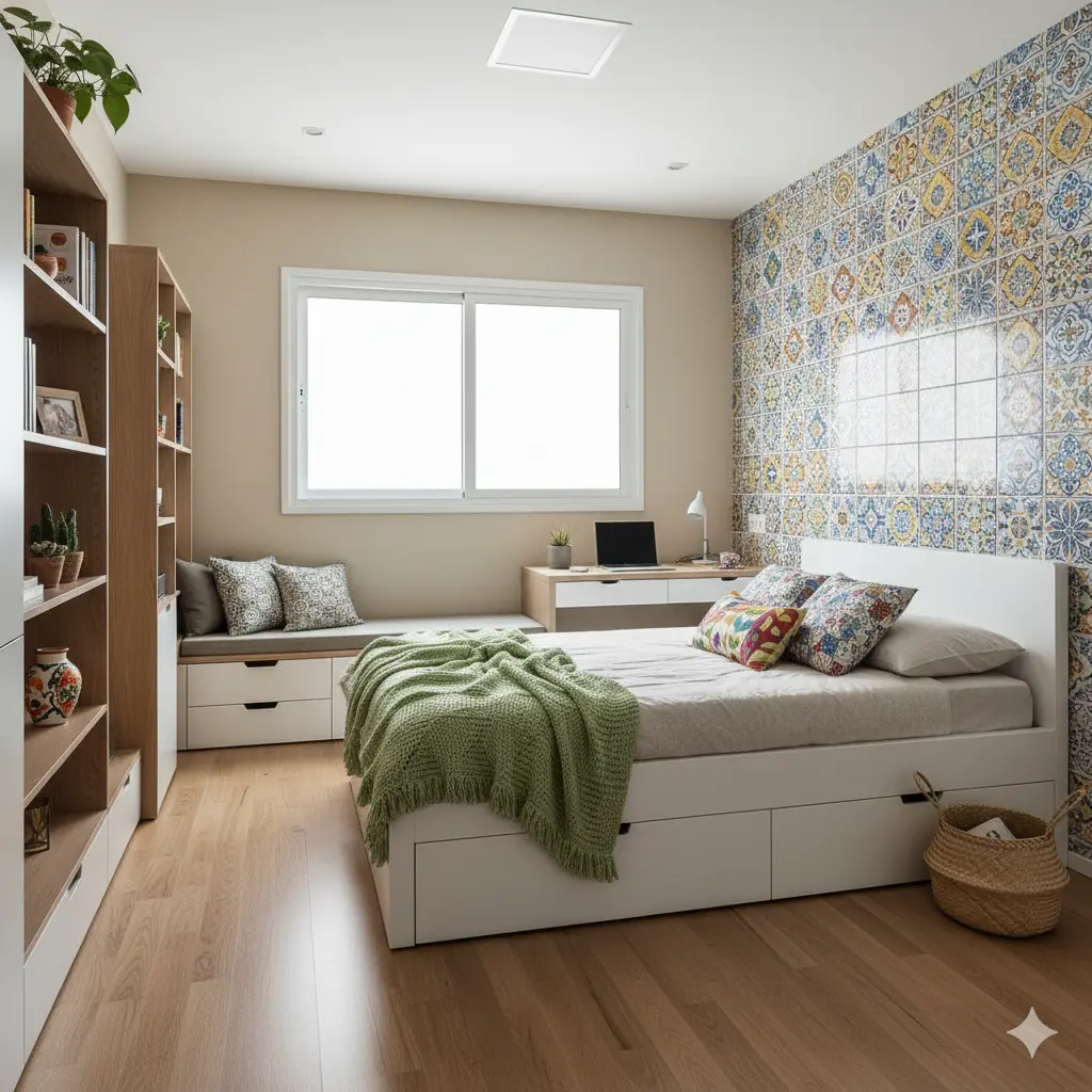 Decoração moderna e detalhes coloridos, incluindo cama confortável, prateleiras com plantas e objetos decorativos