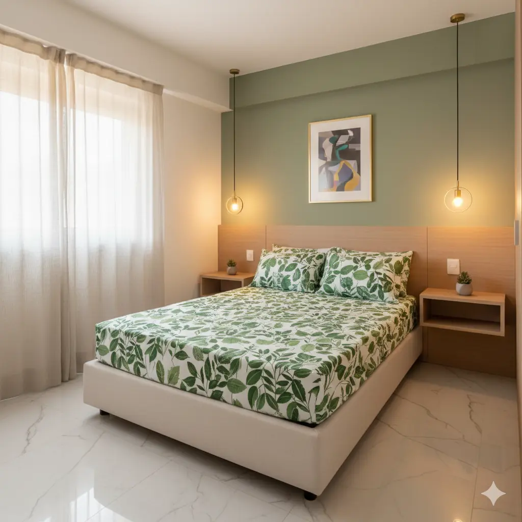 Um dos erros na decoração do quarto é deixar a cama com uma sensação de "flutuar". Na foto vemos um quarto aconchegante com tom de verde oliva na parede e roupa de cama com folhagem. A cama está ilustrando o contrário do erro.