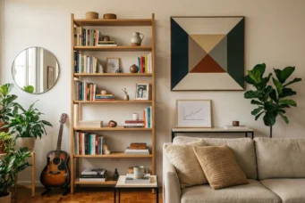 Sala de estar moderna com estante de madeira, sofá confortável, plantas verdes, instrumentos musicais e decoração minimalista, criando um ambiente acolhedor e elegante.