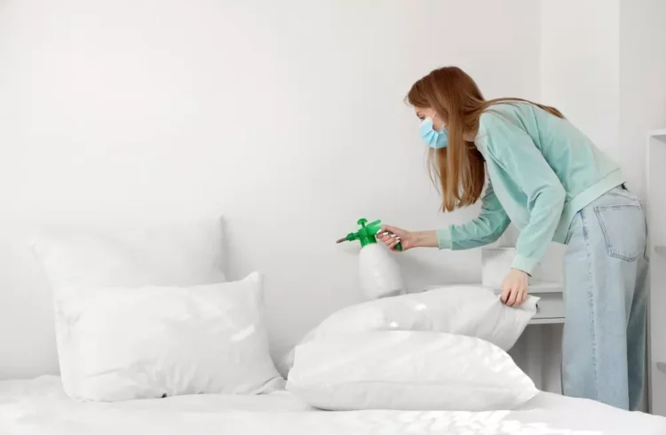 Mulher usando máscara e spray para controlar o mofo em travesseiro na cama