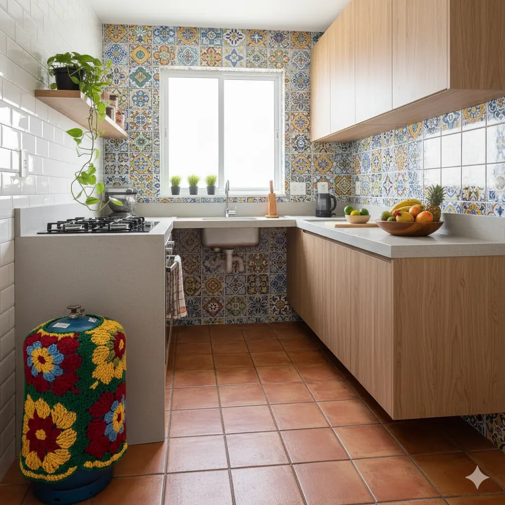 Detalhes decorativos em azulejos coloridos, bancada de madeira, pia e objetos de cozinha, incluindo frutas e plantas, com iluminação natural pela janela.