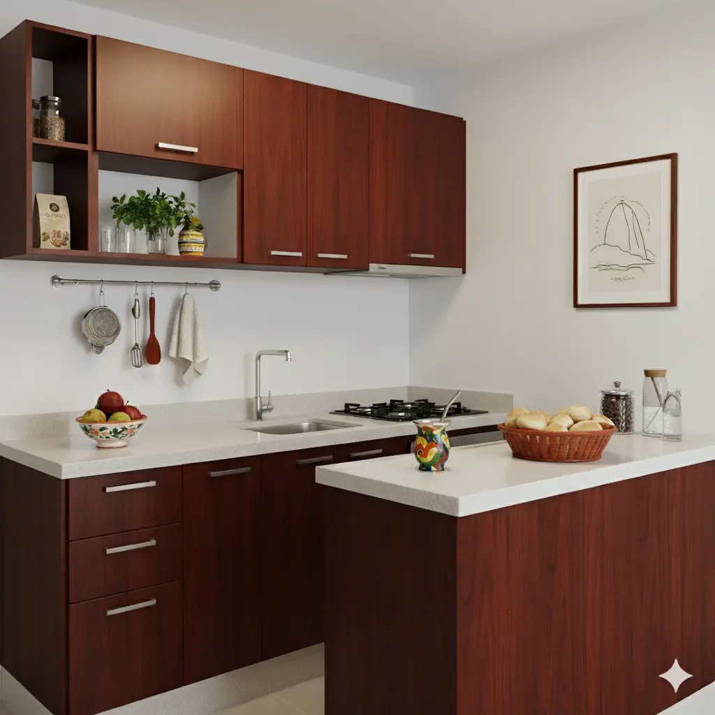 Armários de madeira, pia, cooktop e decoração minimalista em tom neutro